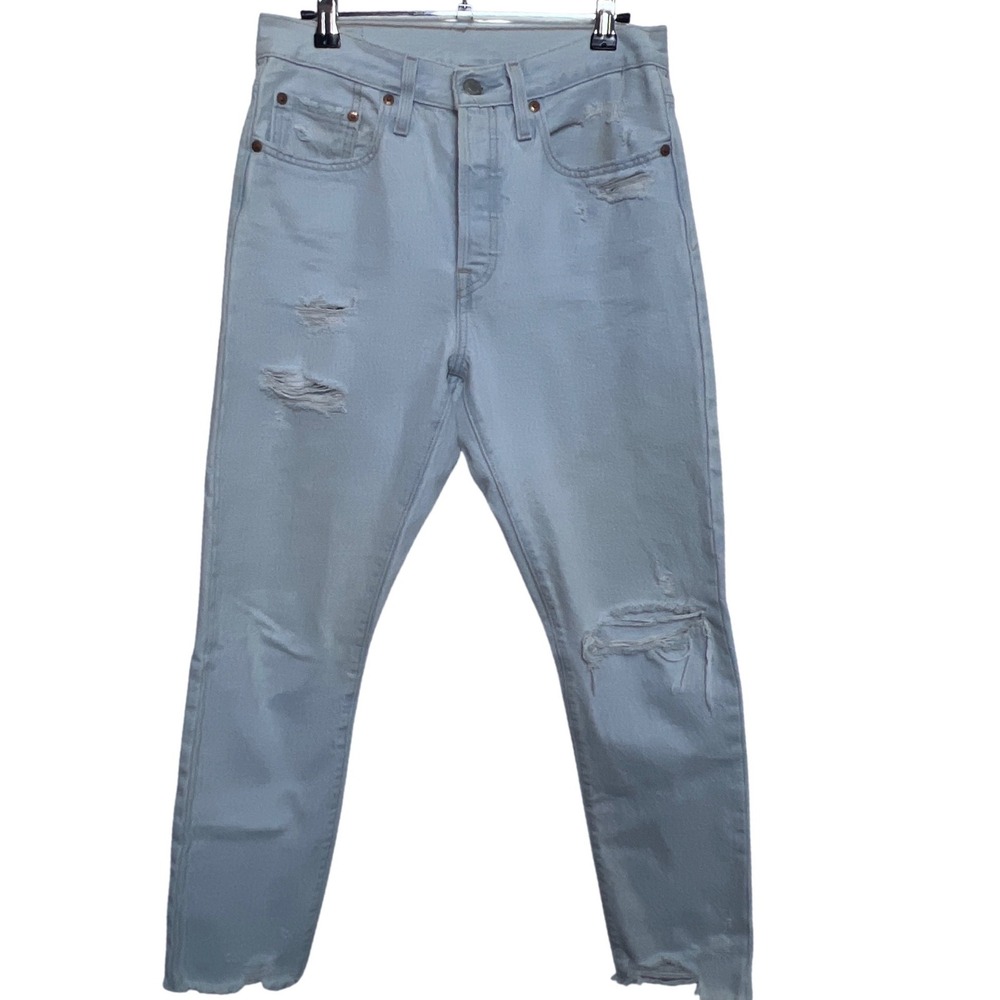 Levis Premium 501‎ Skinny Jeans Light Wash Distressed High Rise Raw Hem 27 x 28